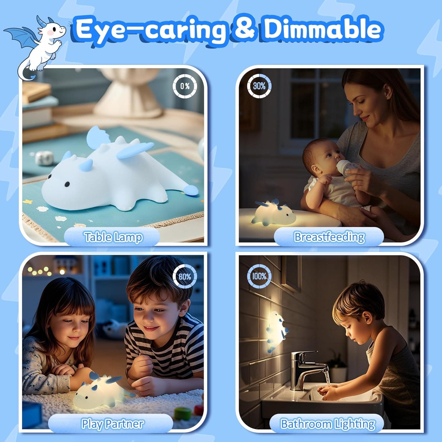 Attivolife Luz noturna de dragão para crianças, linda lâmpada de toque de silicone macio com 8 cores, regulável e temporizador, luz de LED, luz de LED, presentes de aniversário e Natal para bebês - Imagem 4