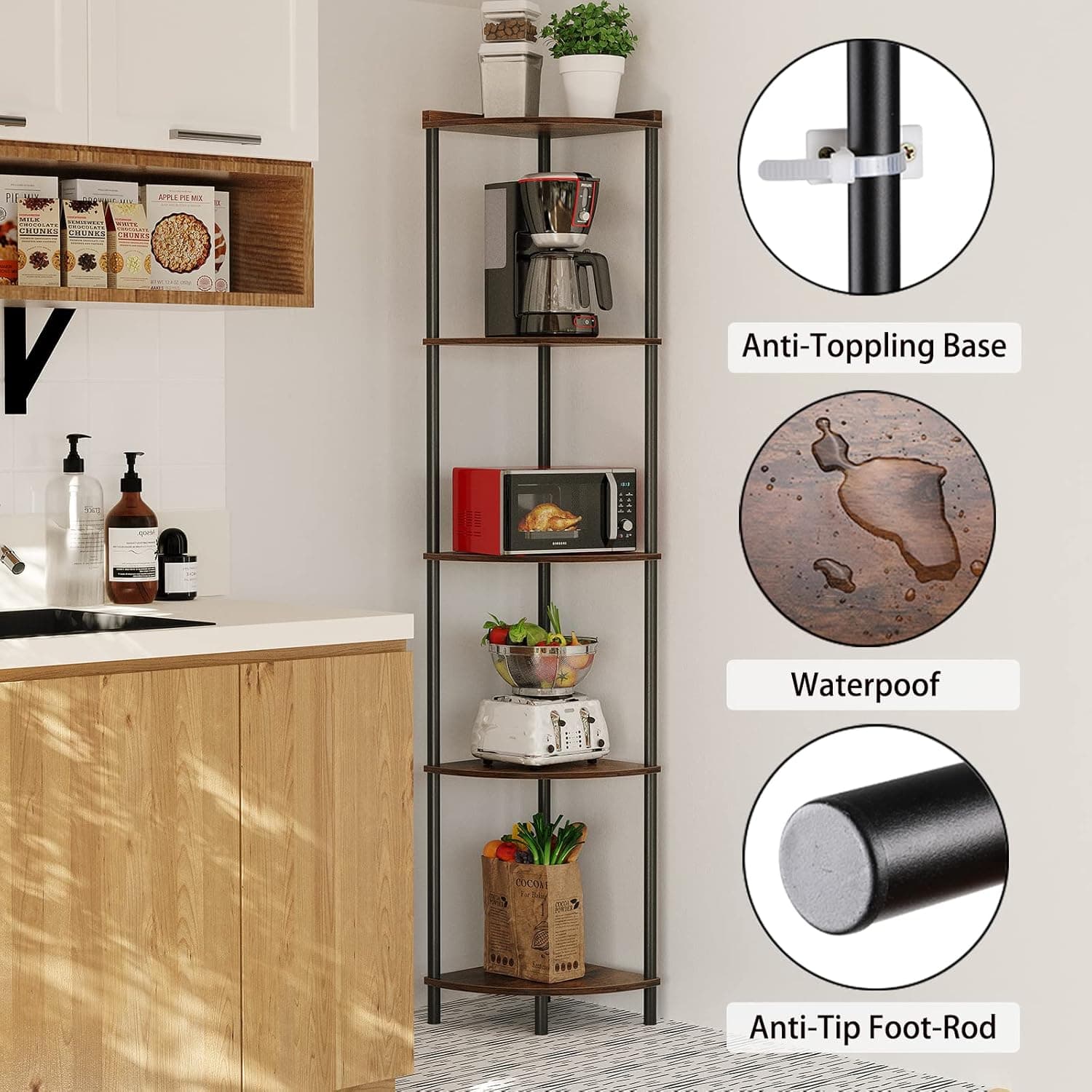 SUNMORY Suporte de prateleira de canto de 5 camadas, prateleira de canto industrial de 165 cm para decoração de sala de estar, prateleira de canto de parede, organizador de várias unidades, suporte - Imagem 4