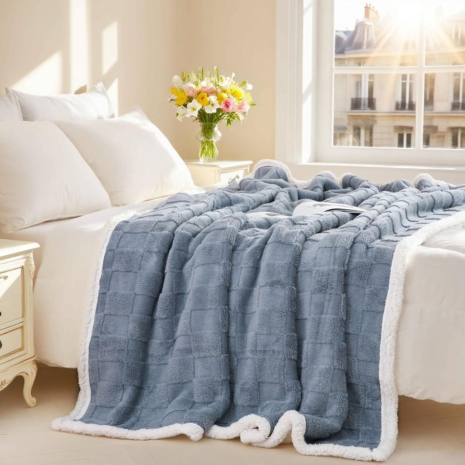 Gracelife Cobertor sherpa, 127 cm x 152 cm, manta xadrez quente e aconchegante para sofá, cama, mantas reversíveis, cobertores e mantas de flanela felpuda para adultos mulheres e homens, cinza-azul macio - Imagem 4