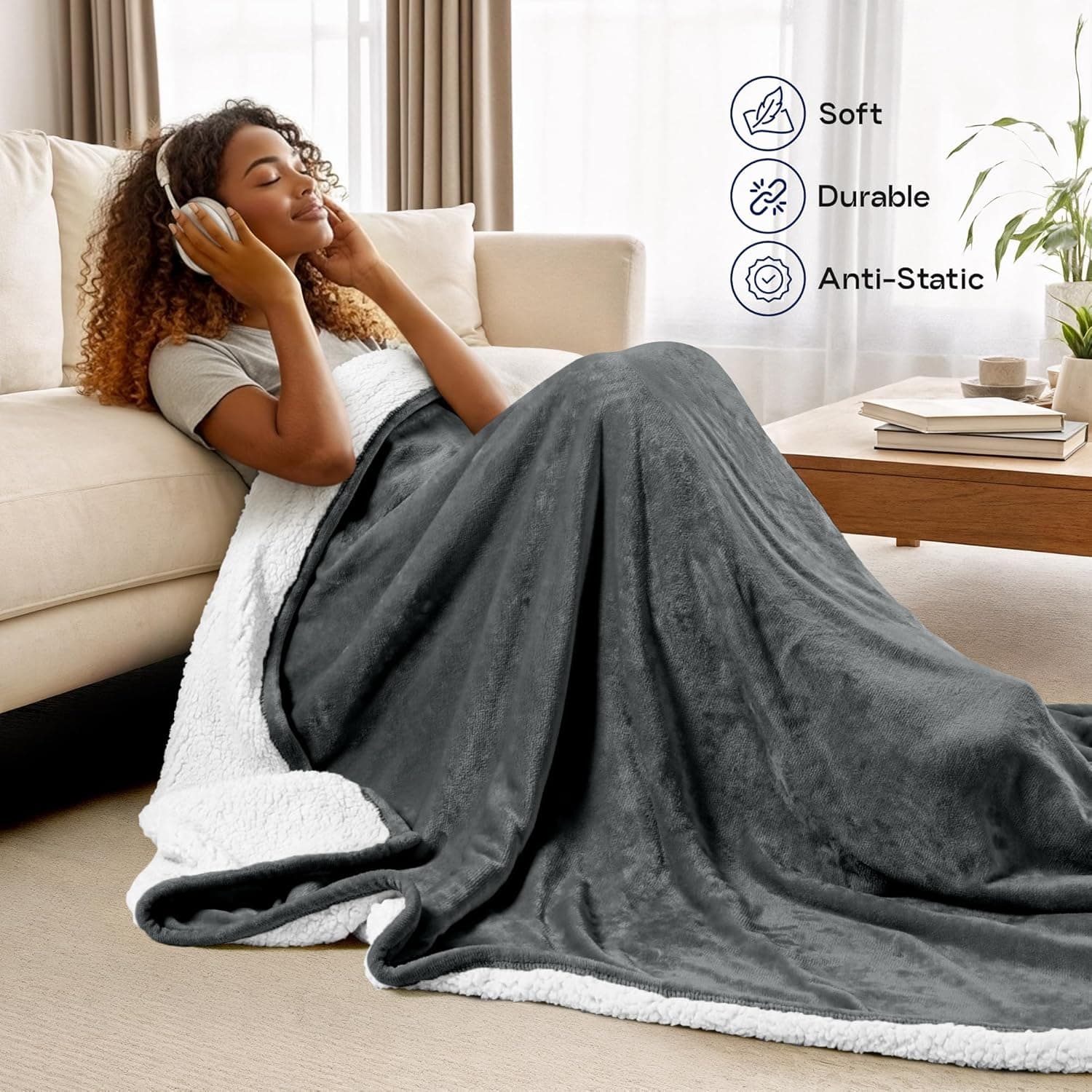 Utopia Bedding Cobertor de lã de ovelha tamanho solteiro (cinza, 152 x 203 cm) - Cobertor reversível de lã de pelúcia suave para cama, sofá, acampamento e viagens - Imagem 4