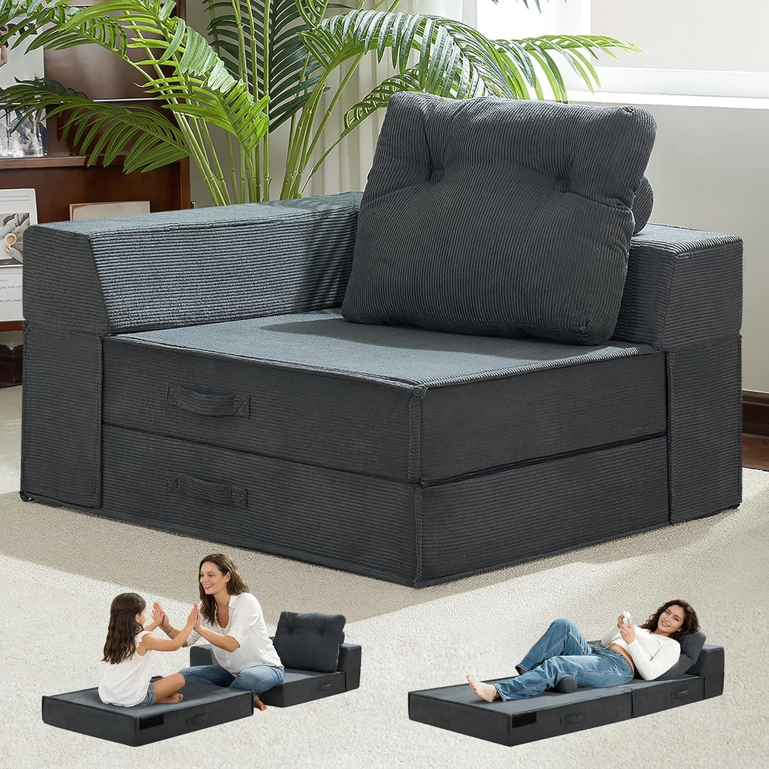 Sofá-cama dobrável, cadeira conversível 4 em 1 com travesseiro, cama de cadeira dobrável de espuma viscoelástica padrão, colchão de sofá futon moderno para sala de estar/convidado/apartamento