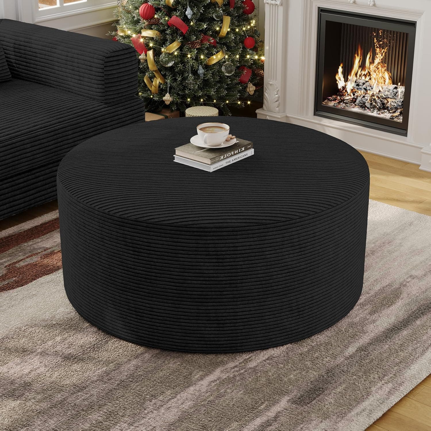 Conjunto de 2 mesas de centro, mesa lateral redonda estofada de veludo cotelê redondo para sala de estar, conjunto de entrada, 81 cm + 43 cm apoio para os pés sem montagem (preto, 81 cm)