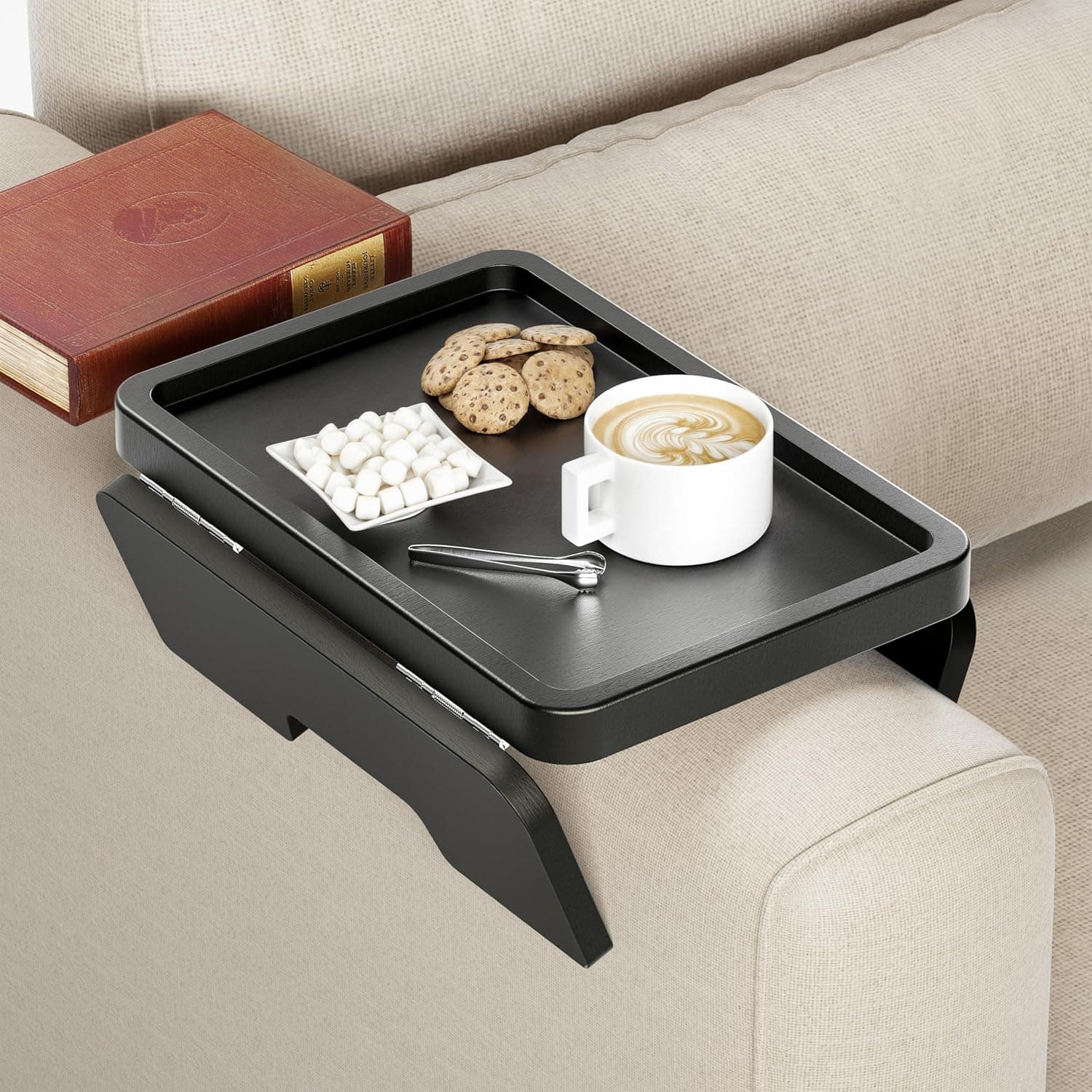 HOLANA Bandeja de apoio de braço para sofá de madeira de acácia - 35 x 24 cm com dobradiça dupla para sofá, suporte de mesa, mesa de braço de sofá, mesas laterais de madeira para comer e beber (cor