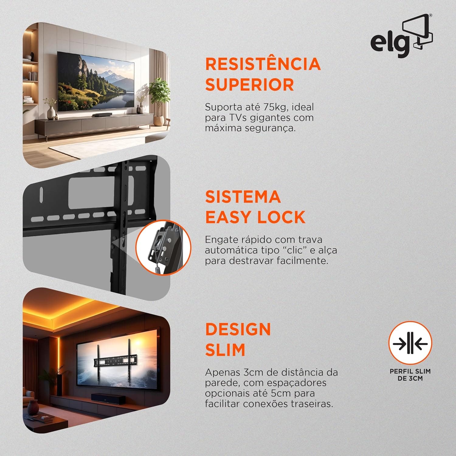 ELG, N01V8, Suporte Fixo de Parede Para Telas Gigantes, TVs de 55" a 100", Capacidade Até 75kg, Com Trava de Segurança, Perfil Ultra Slim e Engate Rápido, Preto - Imagem 4
