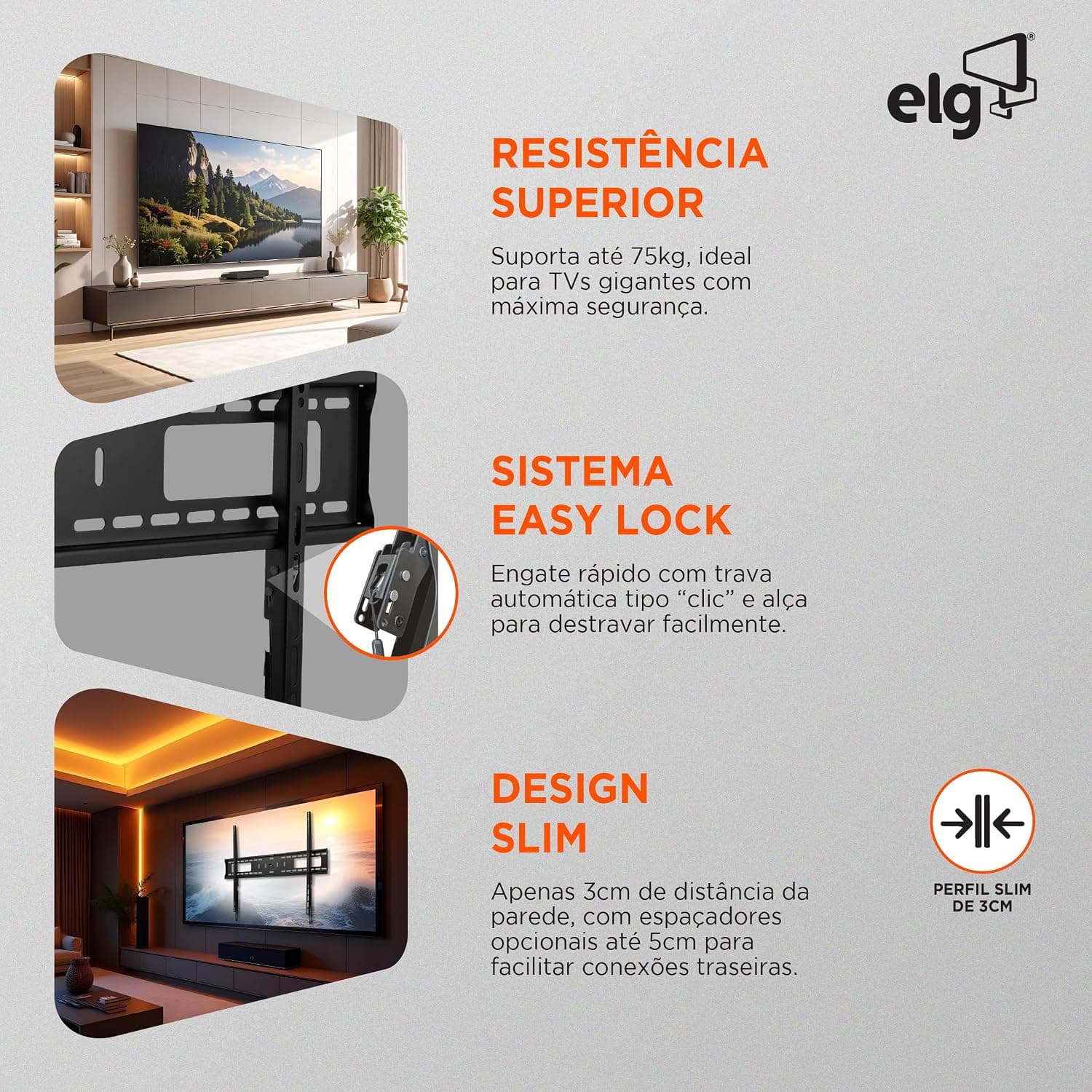 ELG, N01V8, Suporte Fixo de Parede Para Telas Gigantes, TVs de 55" a 100", Capacidade Até 75kg, Com Trava de Segurança, Perfil Ultra Slim e Engate Rápido, Preto - Imagem 4