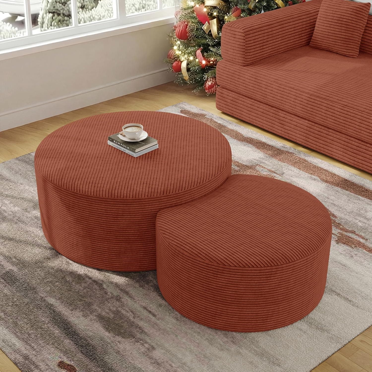 Conjunto de 2 mesas de centro estofadas redondas de veludo cotelê redondo de espuma lateral para sala de estar, conjunto de entrada, 81 cm + 43 cm, apoio para os pés ou bancos de cama, sem