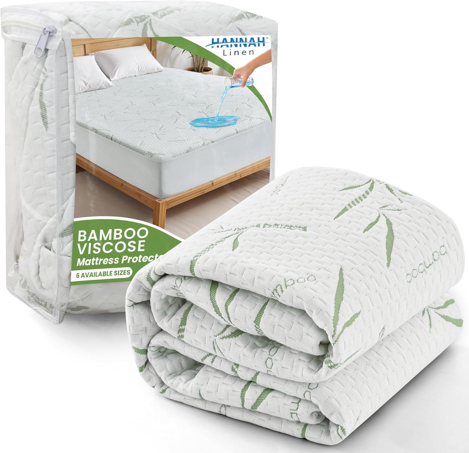 Capa protetora de colchão de bambu Hannah Linen de tamanho completo, hipoalergênica e respirável, à prova d'água, sem vinil e lavável, Branco, Queen