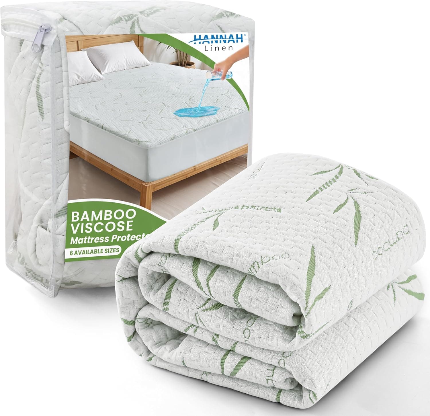 Capa protetora de colchão de bambu Hannah Linen de tamanho completo, hipoalergênica e respirável, à prova d'água, sem vinil e lavável, Branco, Queen