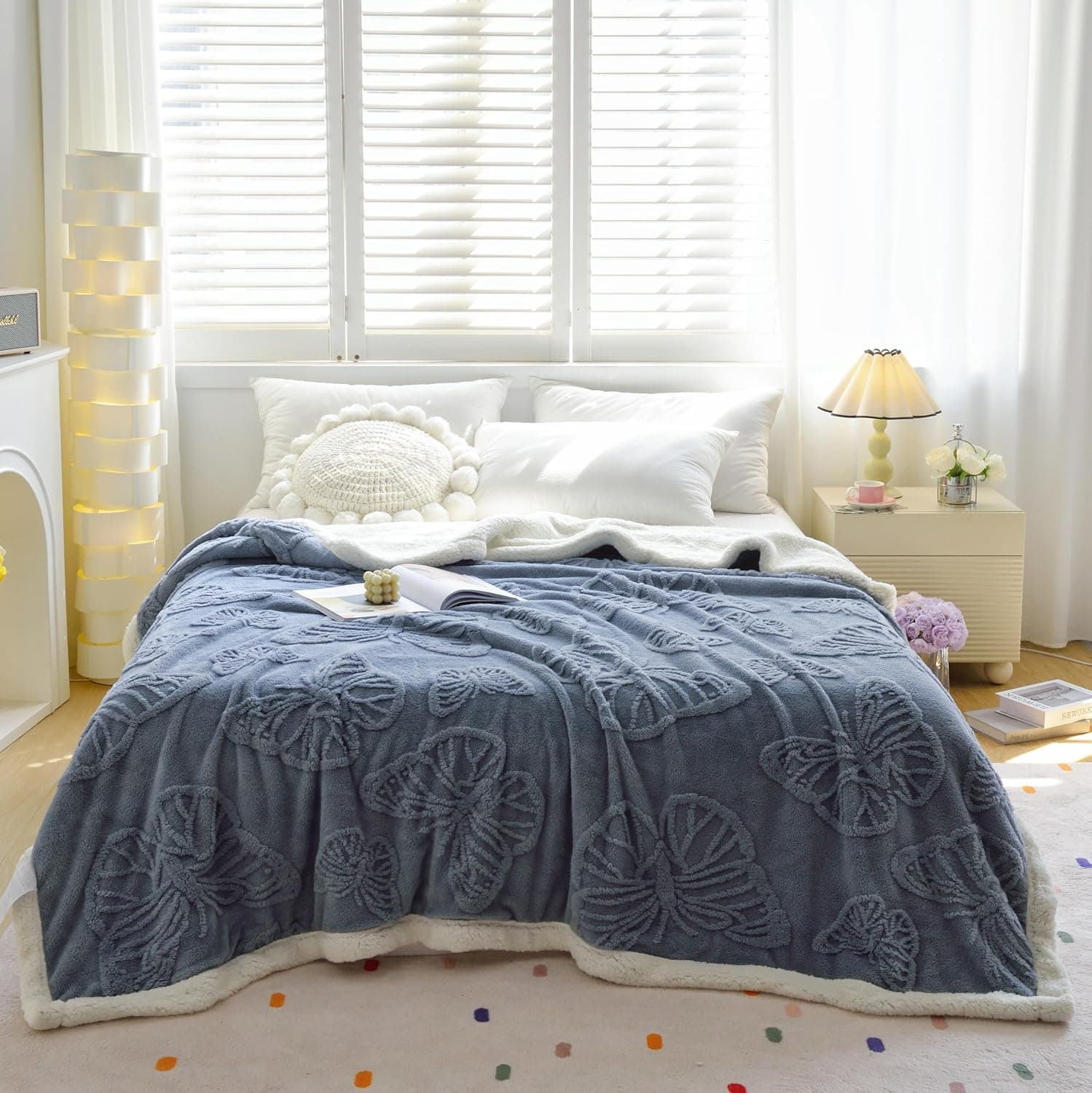 UKELER Cobertor de lã sherpa 152 cm × 203 cm, cobertor ultramacio para todas as estações, cobertor aconchegante de borboleta de pelúcia para cama, sofá, escritório, acampamento, azul, cinza