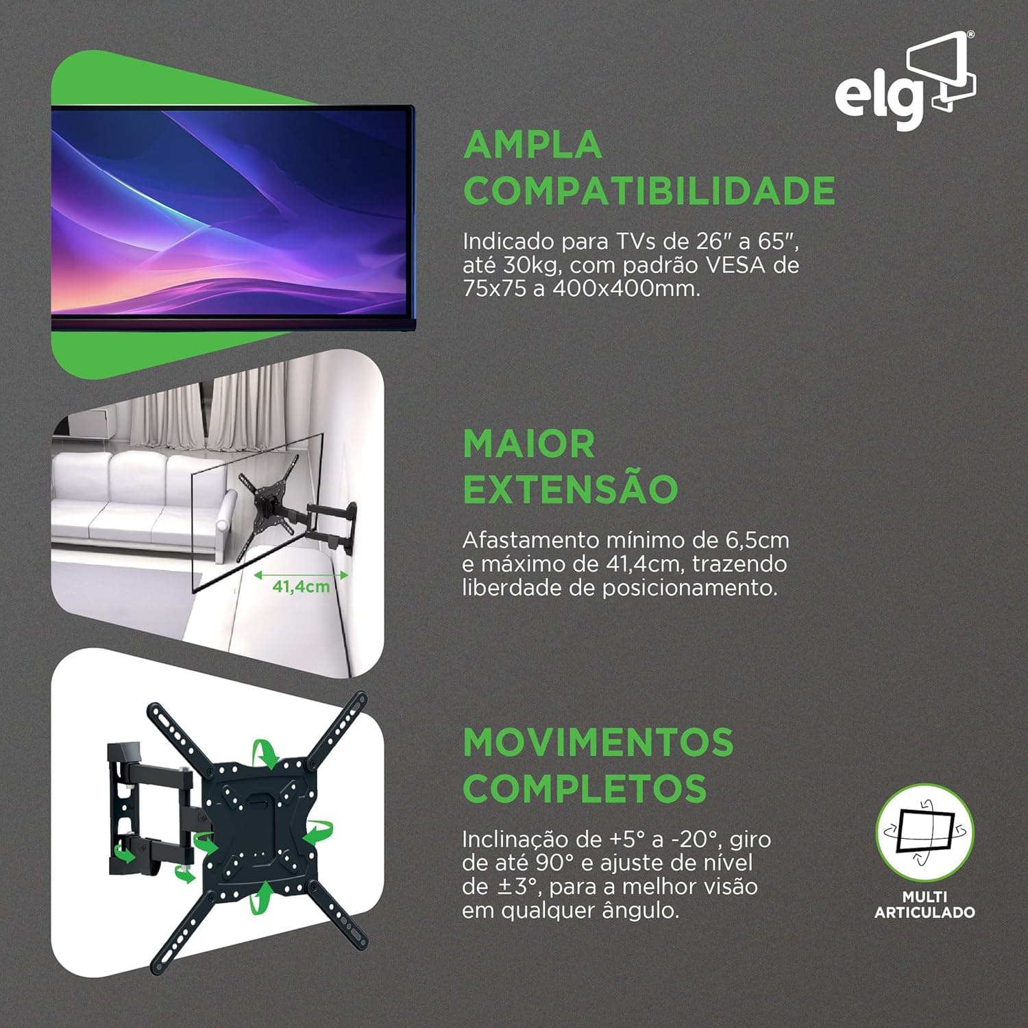 ELG, FULL40_PRO, Suporte de Parede Multiarticulado, Movimentação Total para TVs de 26'' a 65'' com Maior Comprimento de Braço, Capacidade Máxima de 30 kg, Preto - Imagem 4