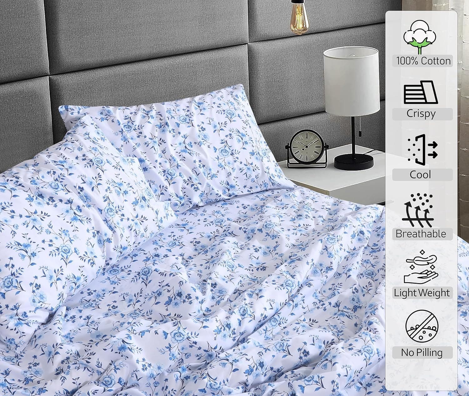 RUVANTI Lençóis 100% algodão – roupa de cama percal de tamanho completo, design floral refrescante e respirável, durável com uma sensação nítida, macia e confortável, bolso profundo de 40,6 cm - Imagem 4