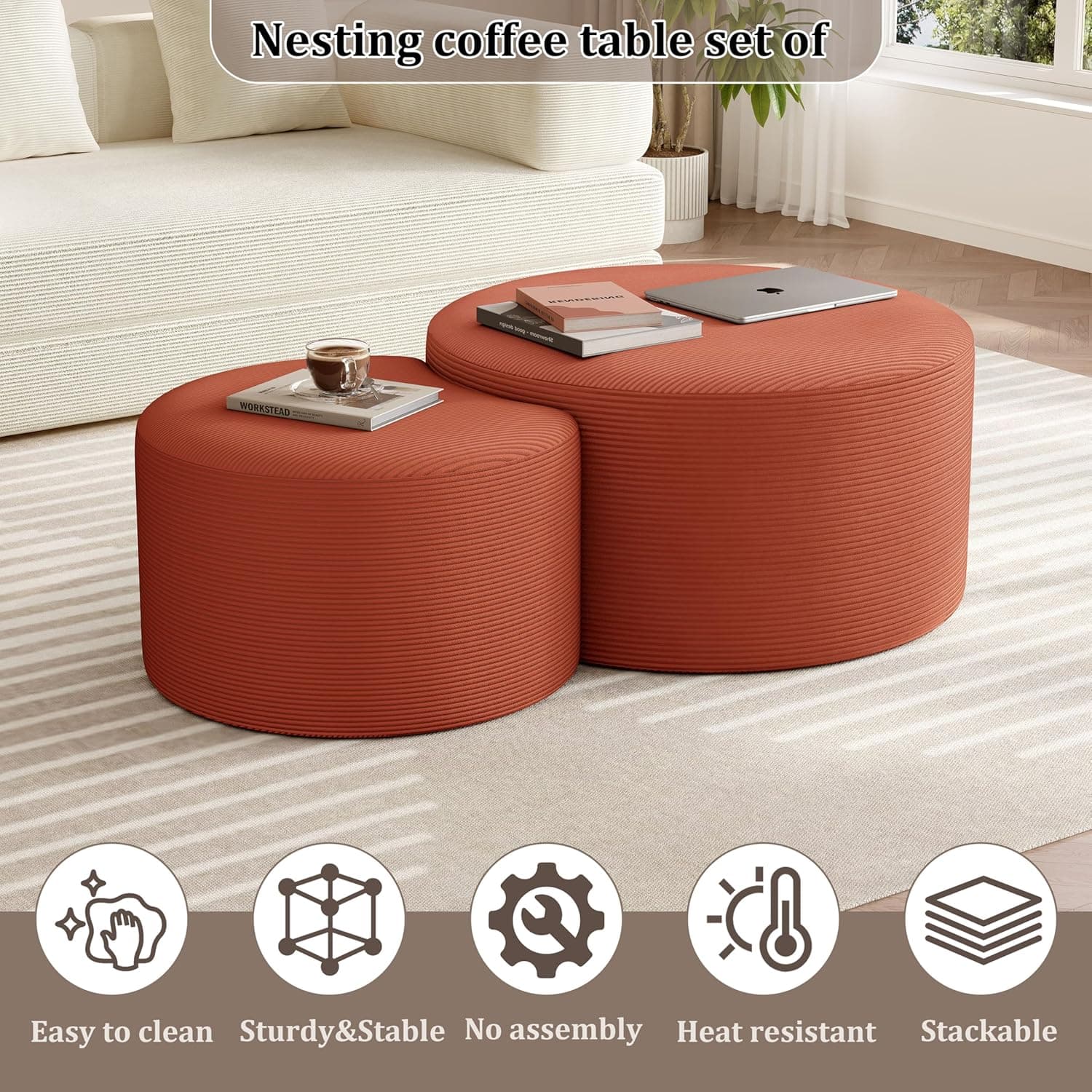 Conjunto de 2 mesas de centro estofadas redondas de veludo cotelê redondo de espuma lateral para sala de estar, conjunto de entrada, 81 cm + 43 cm, apoio para os pés ou bancos de cama, sem - Imagem 4