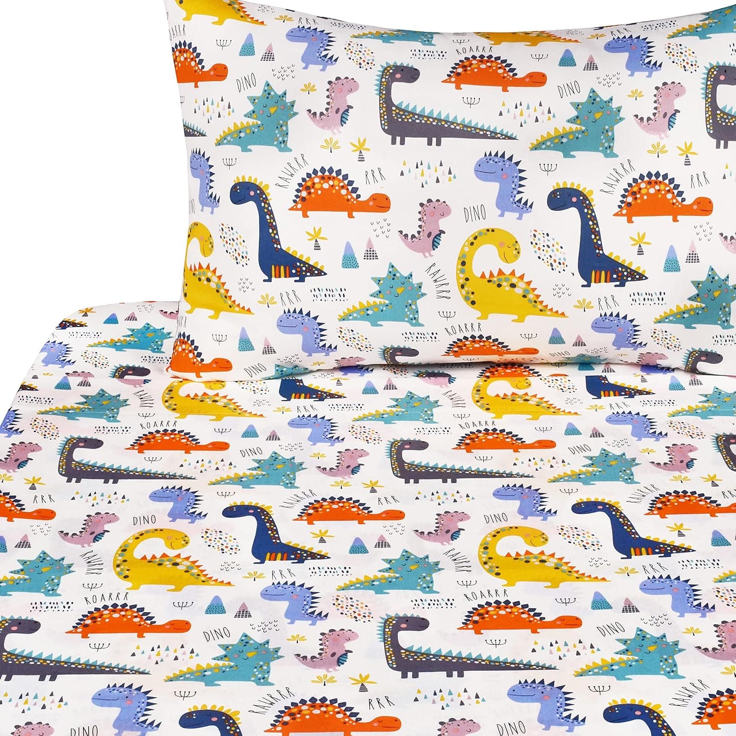J-pinno Conjunto de lençóis de desenho animado dinossauro fofo de bolinhas 100% algodão 3 peças solteiro para crianças, meninas, meninos, lençol de baixo + lençol com elástico + fronha de cama,