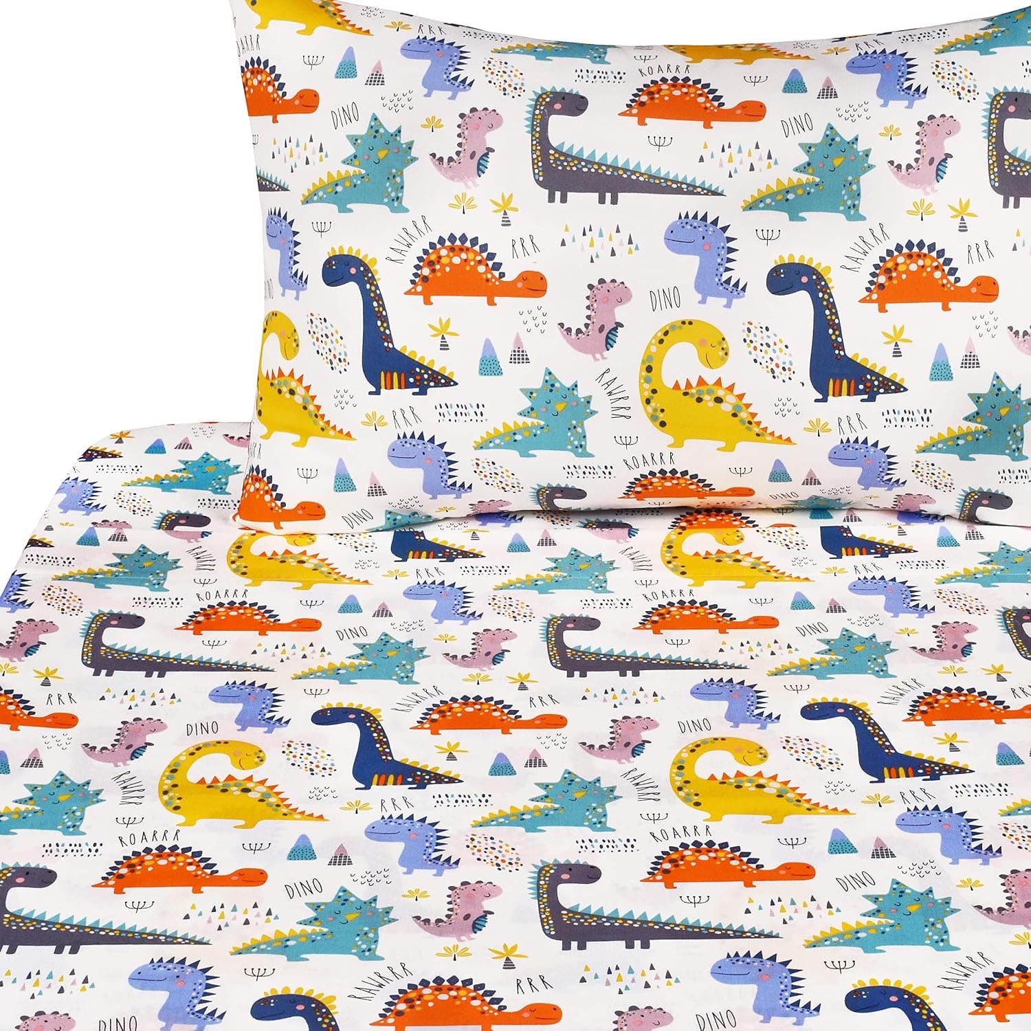 J-pinno Conjunto de lençóis de desenho animado dinossauro fofo de bolinhas 100% algodão 3 peças solteiro para crianças, meninas, meninos, lençol de baixo + lençol com elástico + fronha de cama,