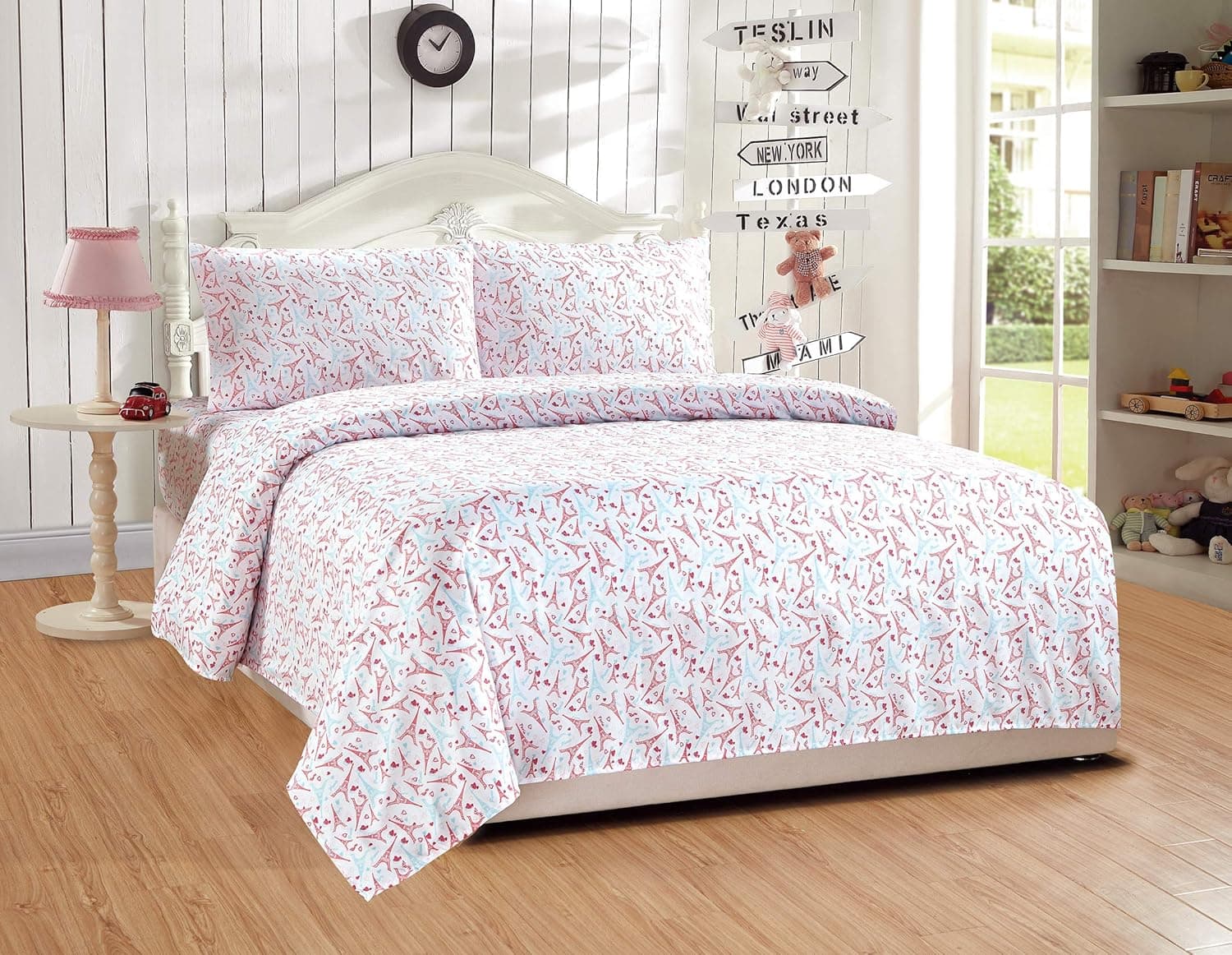 Linen Plus Jogo de lençol para meninas/adolescentes Torre Eiffel Paris rosa choque azul claro branco lençol com elástico e lençol de cima tamanho solteiro - Imagem 3