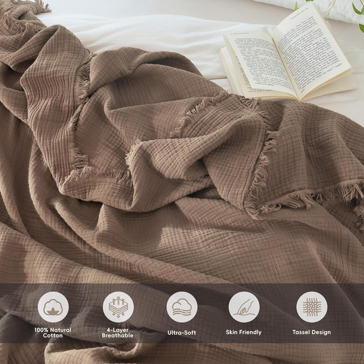MooMee Cobertor de musselina - Cobertor de gaze 100% algodão de 4 camadas com franja em toda a volta, ultramacio, respirável, leve, refrescante para sofá de cama (marrom, solteiro GG 167,6 cm x 228,6 - Imagem 4