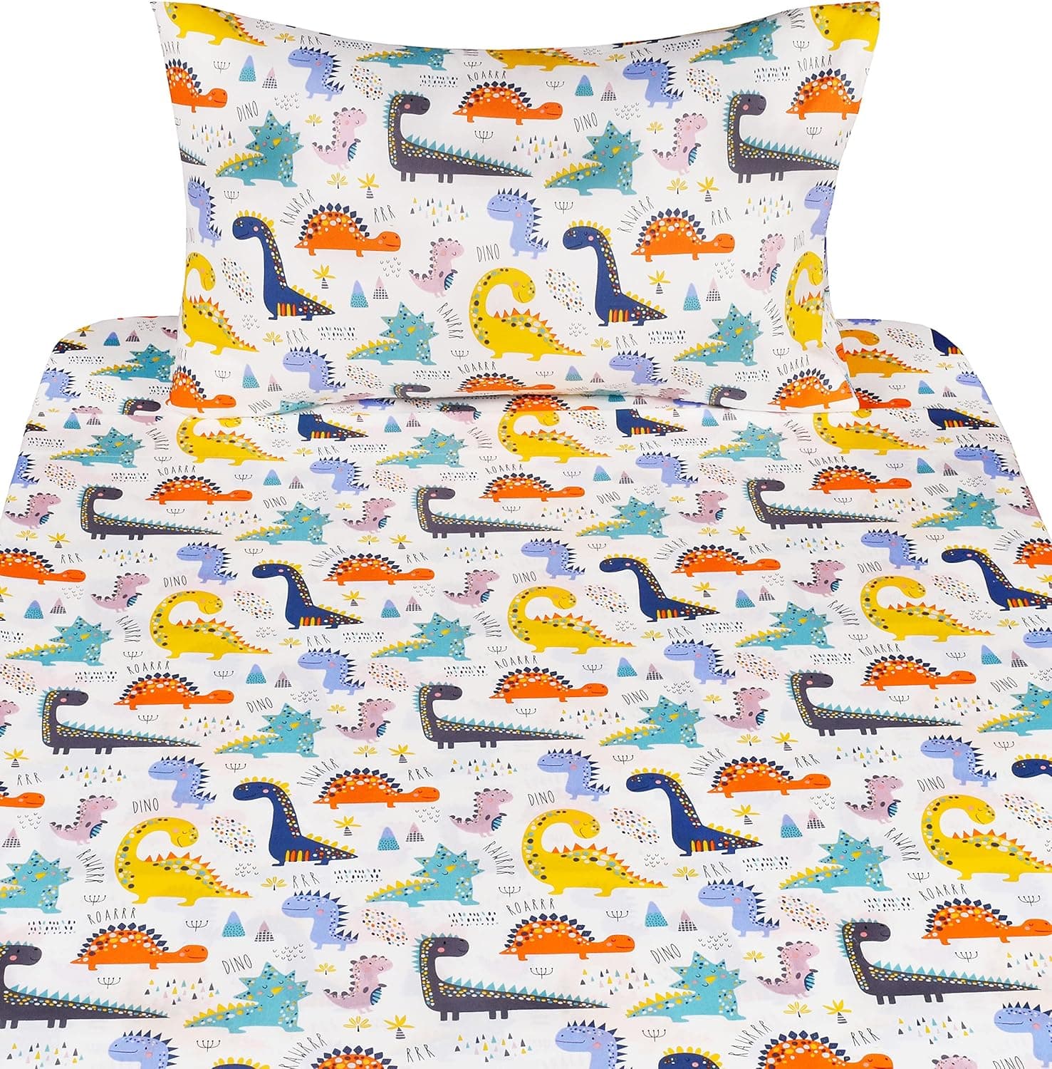 J-pinno Conjunto de lençóis de desenho animado dinossauro fofo de bolinhas 100% algodão 3 peças solteiro para crianças, meninas, meninos, lençol de baixo + lençol com elástico + fronha de cama, - Imagem 4