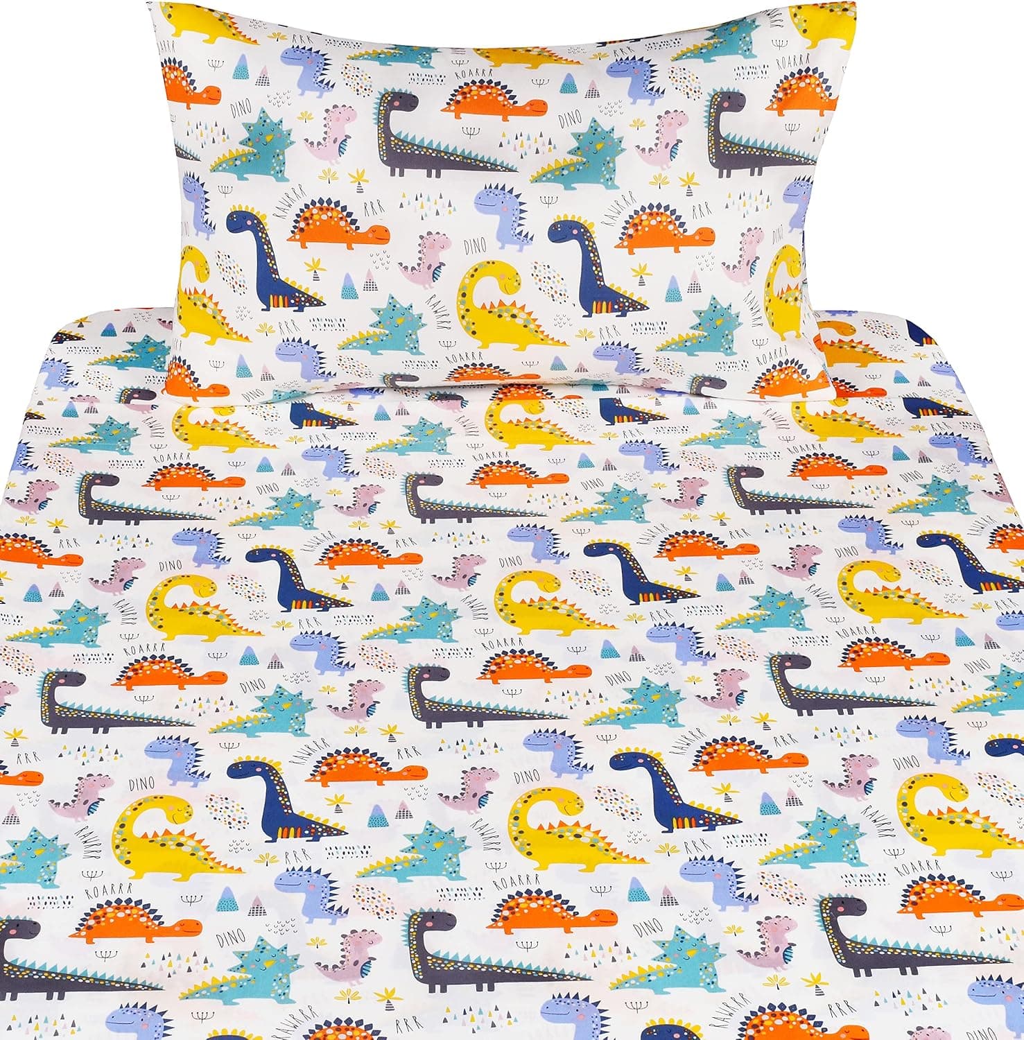 J-pinno Conjunto de lençóis de desenho animado dinossauro fofo de bolinhas 100% algodão 3 peças solteiro para crianças, meninas, meninos, lençol de baixo + lençol com elástico + fronha de cama, - Imagem 4