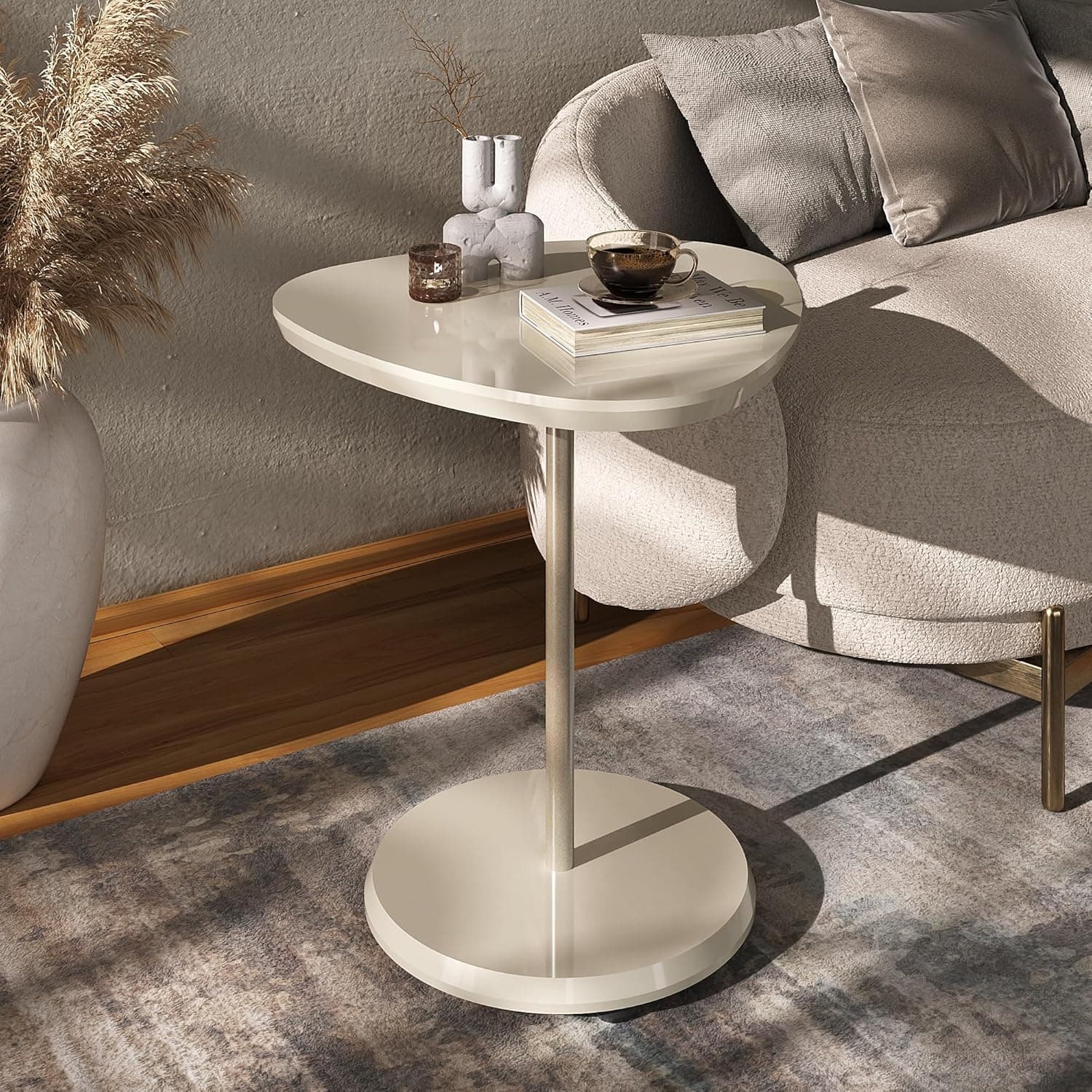 Mesa de apoio em MDF 25mm com haste metálica pintura dourado BEL cor Off White - Artely