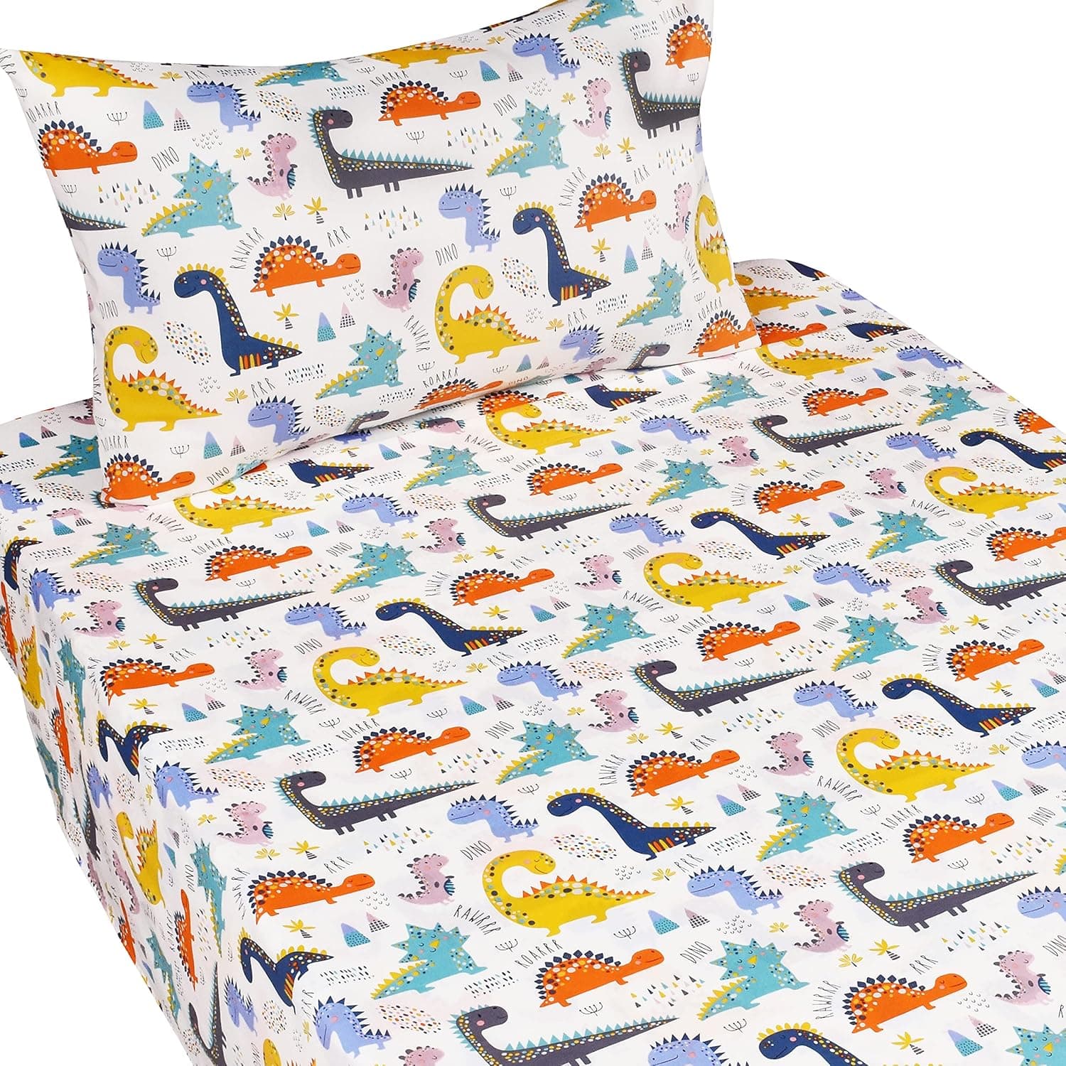 J-pinno Conjunto de lençóis de desenho animado dinossauro fofo de bolinhas 100% algodão 3 peças solteiro para crianças, meninas, meninos, lençol de baixo + lençol com elástico + fronha de cama, - Imagem 3