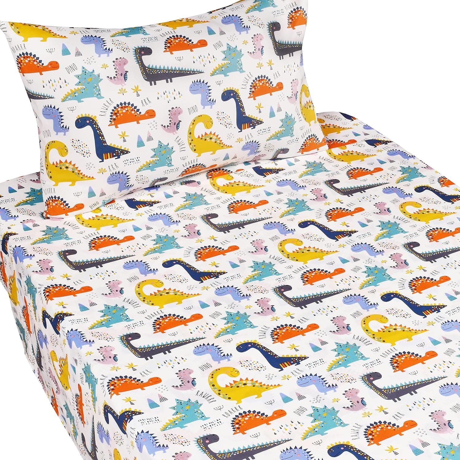 J-pinno Conjunto de lençóis de desenho animado dinossauro fofo de bolinhas 100% algodão 3 peças solteiro para crianças, meninas, meninos, lençol de baixo + lençol com elástico + fronha de cama, - Imagem 3