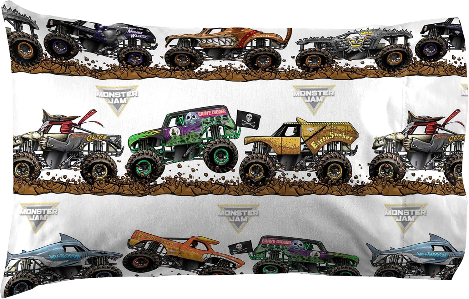 Conjunto de lençóis de solteiro Monster Jam Tracks – Conjunto de 3 peças super macio e aconchegante para crianças, apresenta coveiro e megalodon – Lençóis de microfibra resistentes ao desbotamento (produto oficial Monster Jam) - Imagem 3