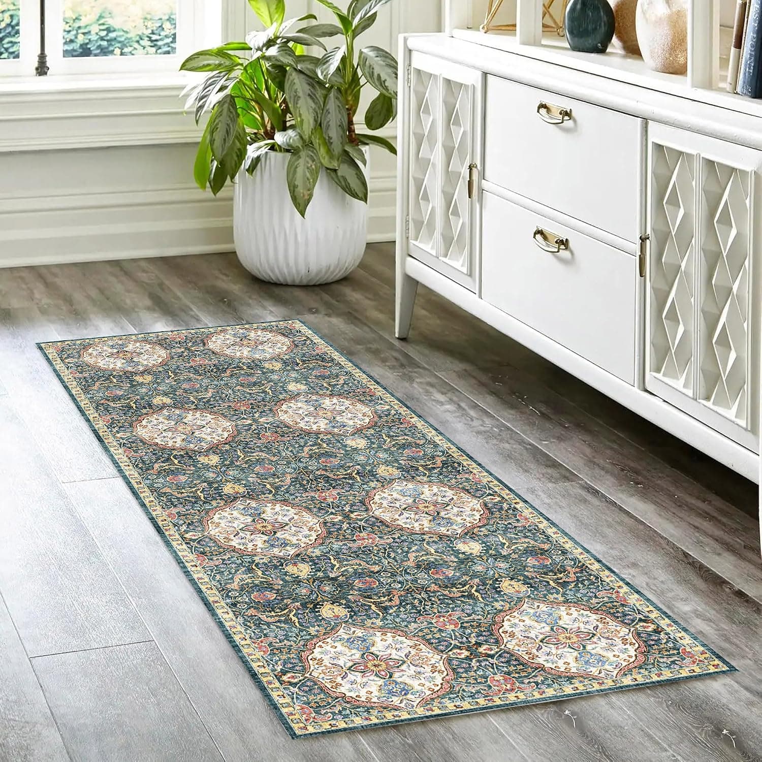 Gertmenian Tapete Boho para ambientes internos | Decoração de casa para entrada, quarto, sala de estar, escritório, cozinha | Tapetes antiderrapantes, macios e estampados | Altair, azul-marinho, 3x5 - Imagem 3