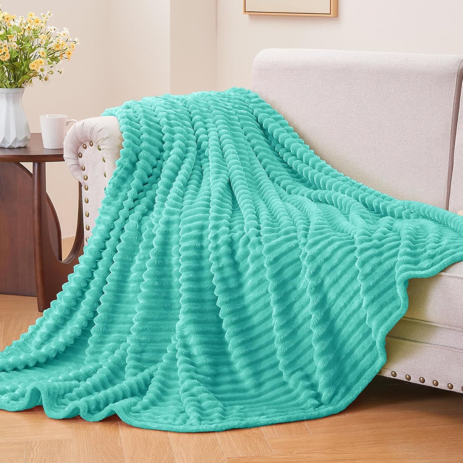 BEDELITE Cobertor de lã tamanho solteiro – Cobertores felpudos decorativos macios e quentes em jacquard canelado 3D – Cobertores aconchegantes, fofos e leves de pelúcia para sofá, cama, sofá (água - Imagem 3