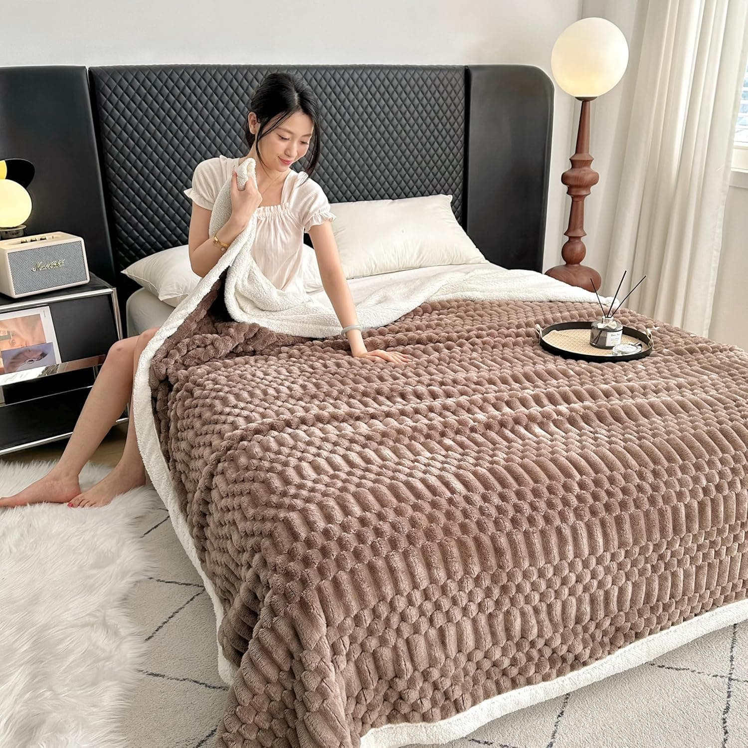 UKELER Cobertor de lã sherpa 152 cm × 203 cm, 470 g/m2 listrado de lã de ovelha para todas as estações, cobertor quente e aconchegante para sofá, cama, escritório, acampamento, café