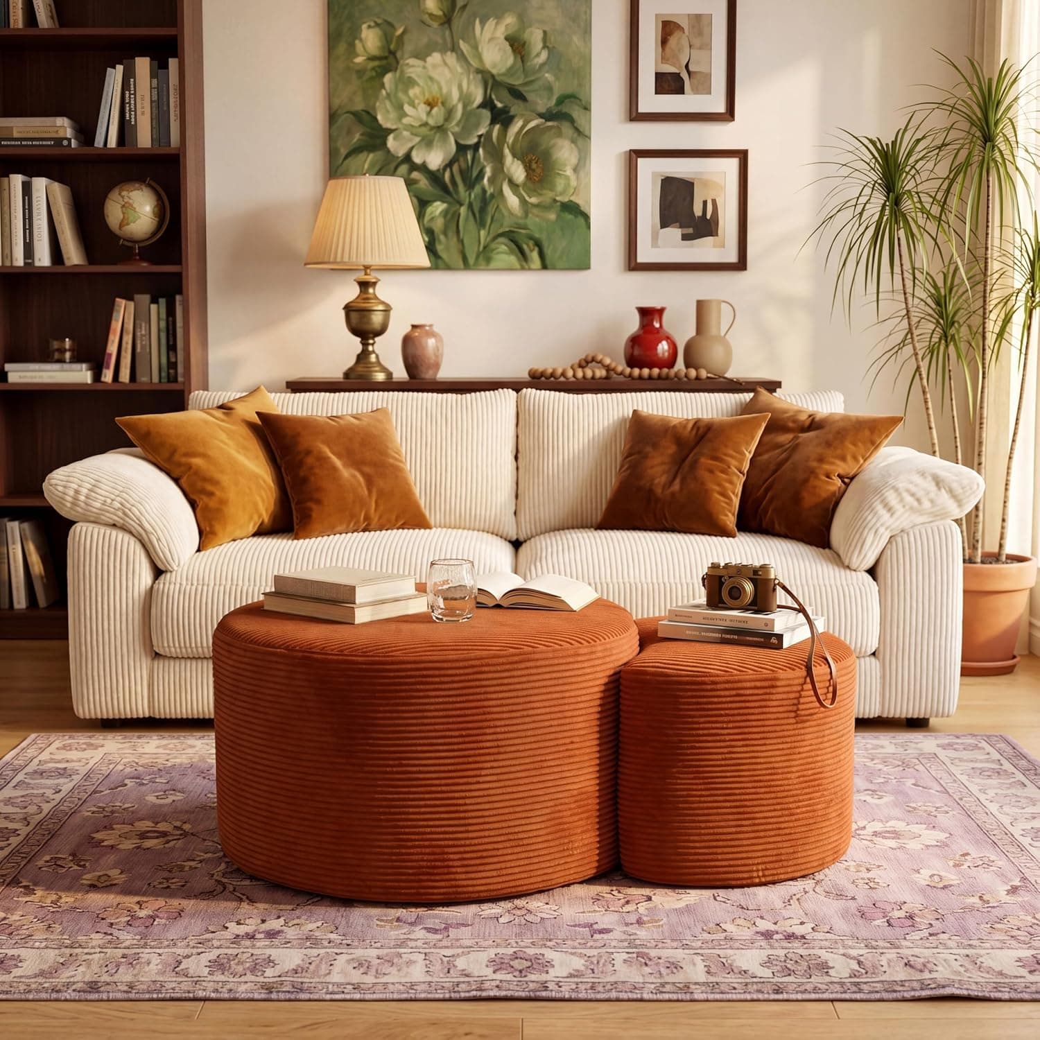 Conjunto de 2 mesas de centro estofadas redondas de veludo cotelê redondo de espuma lateral para sala de estar, conjunto de entrada, 81 cm + 43 cm, apoio para os pés ou bancos de cama, sem - Imagem 2
