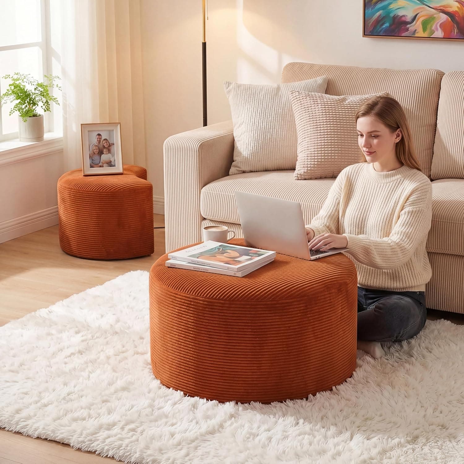 Conjunto de 2 mesas de centro estofadas redondas de veludo cotelê redondo de espuma lateral para sala de estar, conjunto de entrada, 81 cm + 43 cm, apoio para os pés ou bancos de cama, sem - Imagem 4