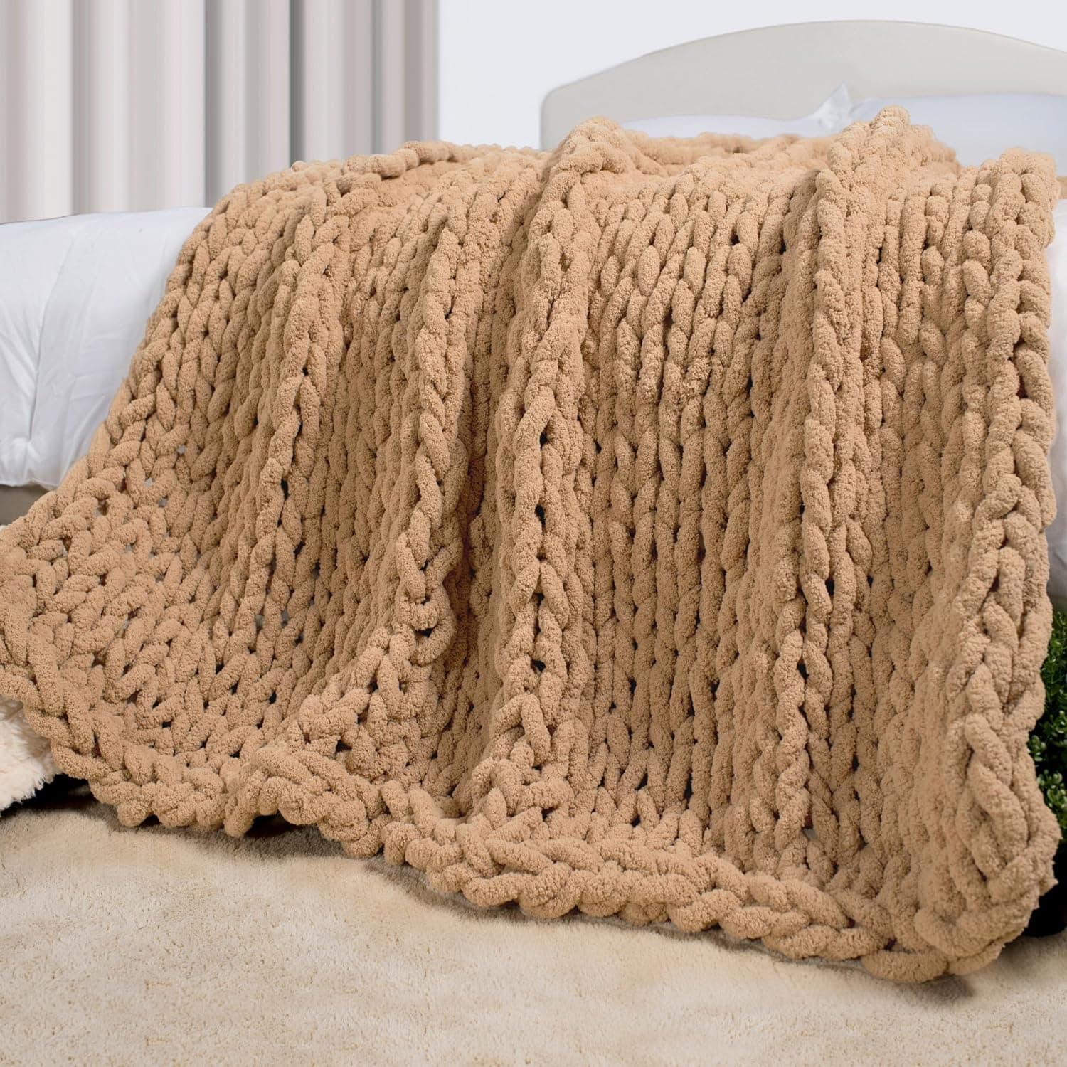 Carriediosa Cobertor de malha grossa 152,4 cm x 203,2 cm solteiro, 100% feito à mão, fio de chenille grande, macio e fofo para sofá, cama, grande crochê, confortável, grosso, cabo, tecido, cobertores,