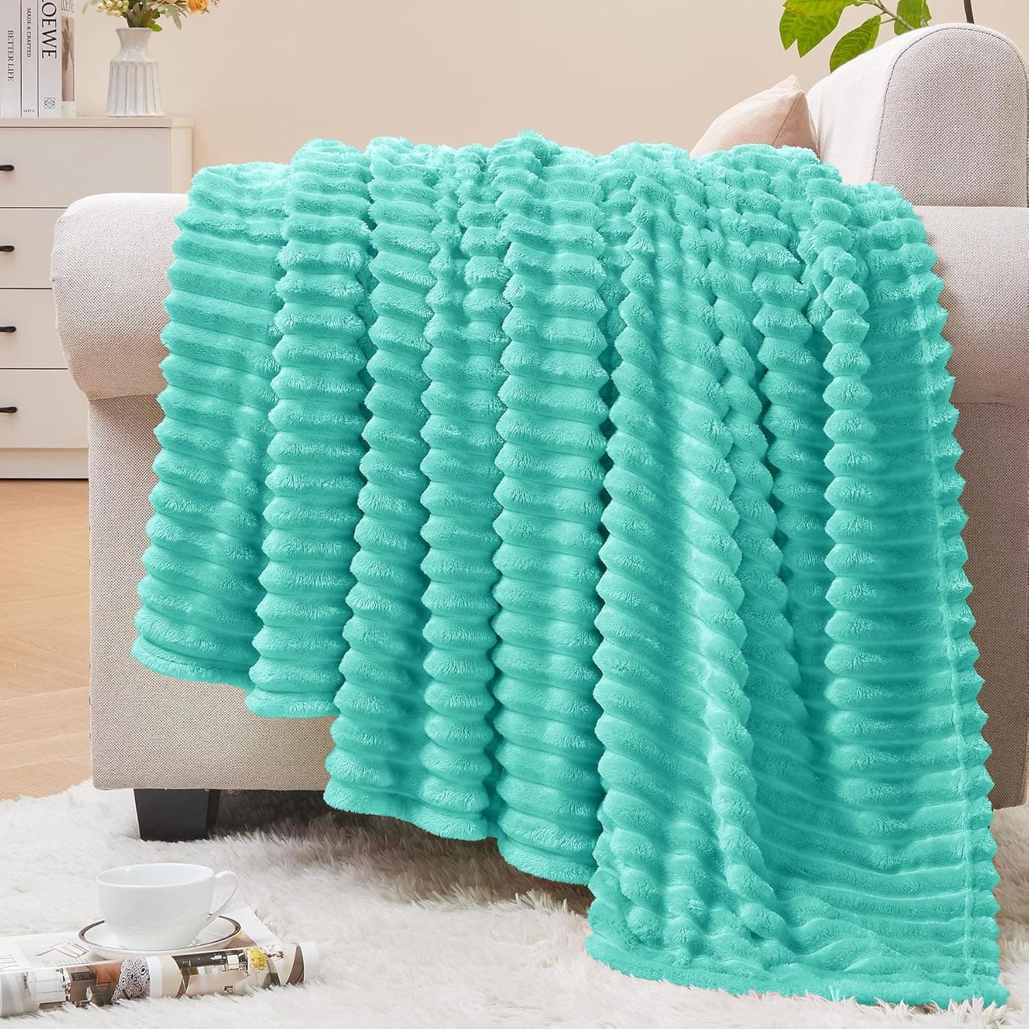 BEDELITE Cobertor de lã tamanho solteiro – Cobertores felpudos decorativos macios e quentes em jacquard canelado 3D – Cobertores aconchegantes, fofos e leves de pelúcia para sofá, cama, sofá (água