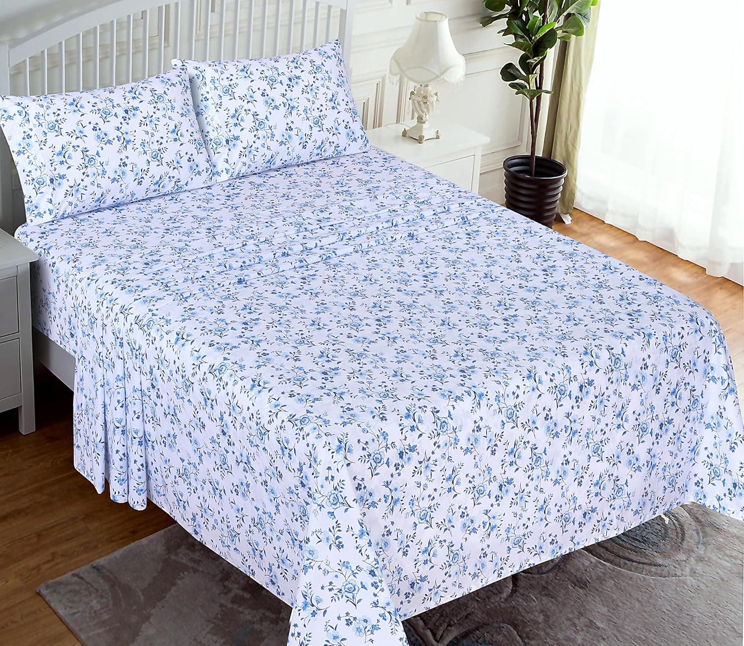 RUVANTI Lençóis 100% algodão – roupa de cama percal de tamanho completo, design floral refrescante e respirável, durável com uma sensação nítida, macia e confortável, bolso profundo de 40,6 cm - Imagem 3