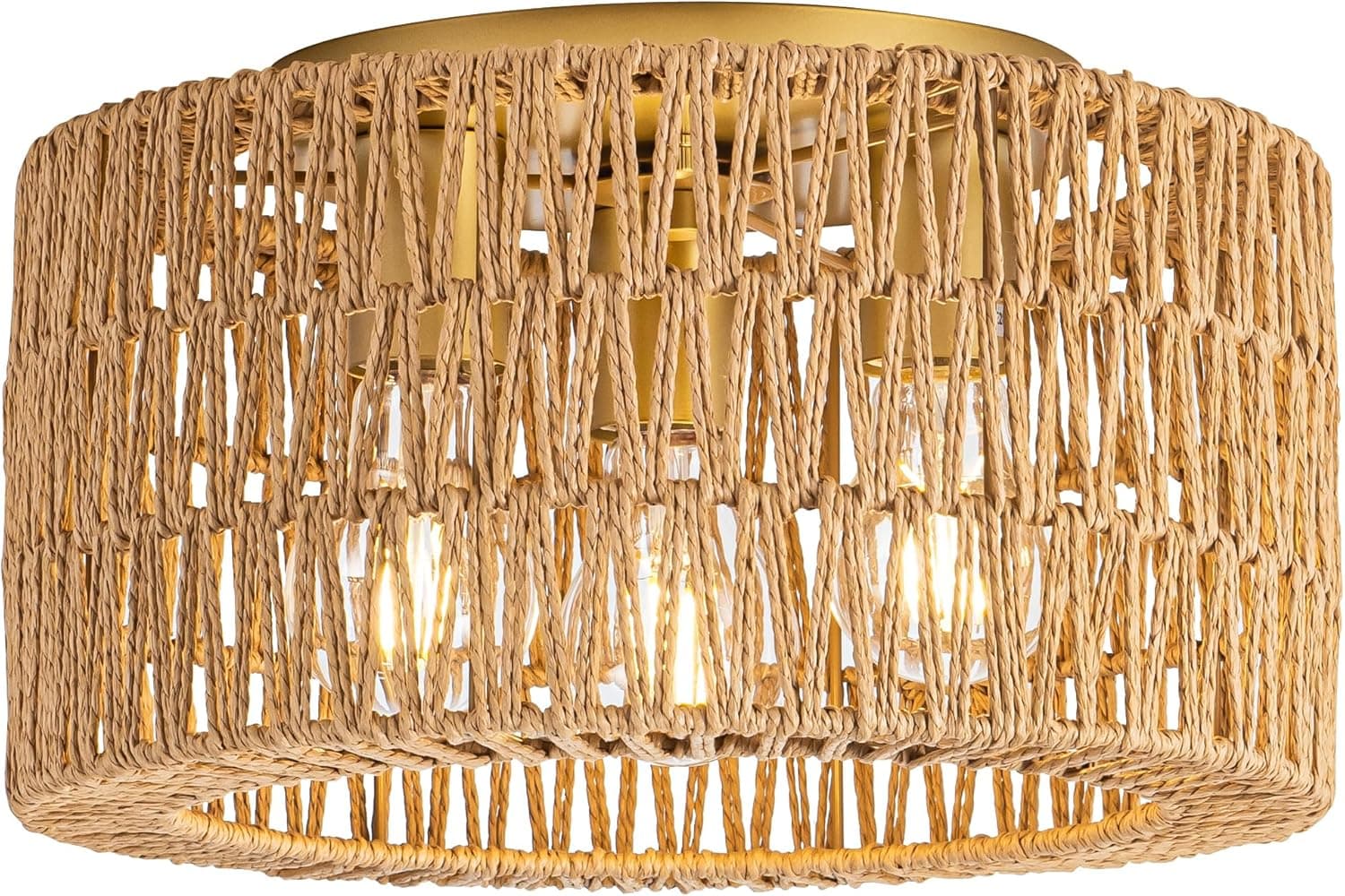 Luminária de teto de vime, 3 luzes de teto boêmio moderno, luminária de teto com montagem embutida Boho para quarto, sala de estar, sala de jantar, lâmpada não incluída