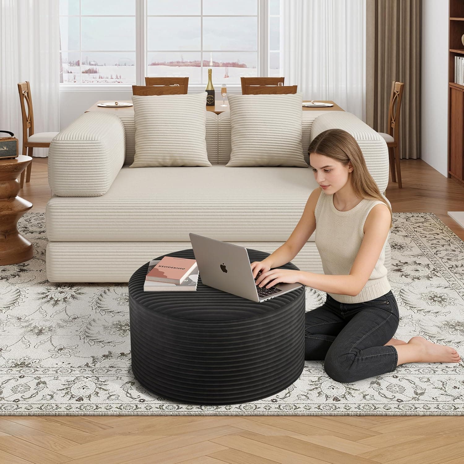 Conjunto de 2 mesas de centro, mesa lateral redonda estofada de veludo cotelê redondo para sala de estar, conjunto de entrada, 81 cm + 43 cm apoio para os pés sem montagem (preto, 81 cm) - Imagem 4