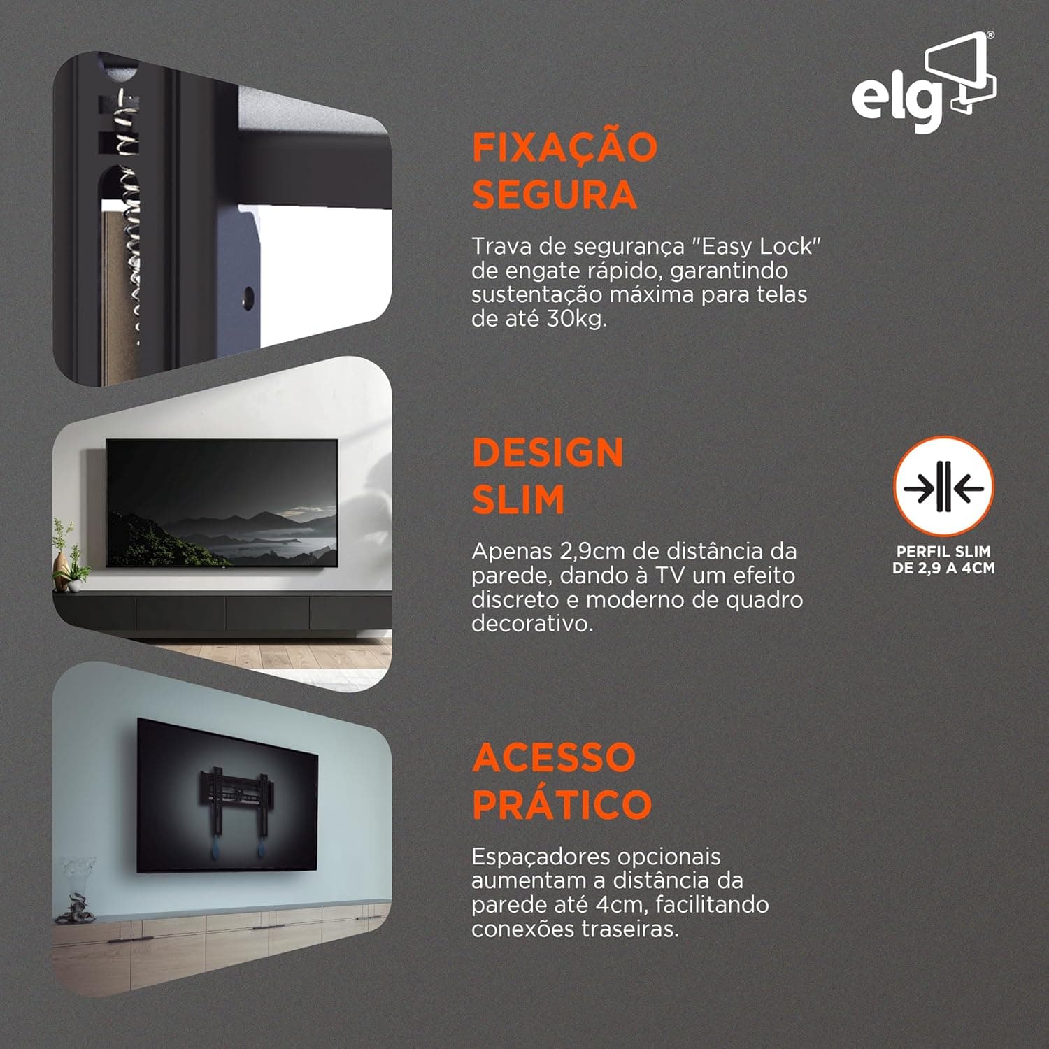 Suporte para Tv 15" a 42" fixo de parede E200 Elg - Imagem 4