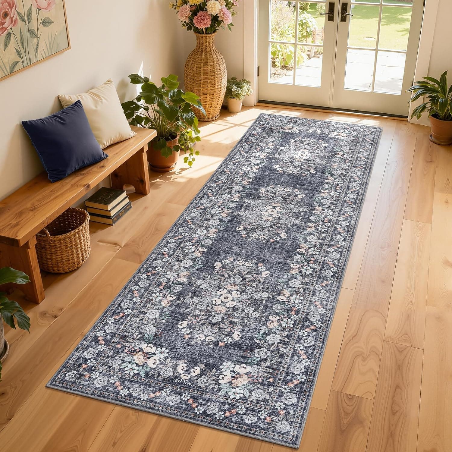 GarveeHome Tapete de corredor vintage 5 x 15 cm para corredor, tapetes de flores boho, antiderrapante, lavável à máquina, tapetes botânicos para banheiro, tapetes florais de pelo baixo para cozinha
