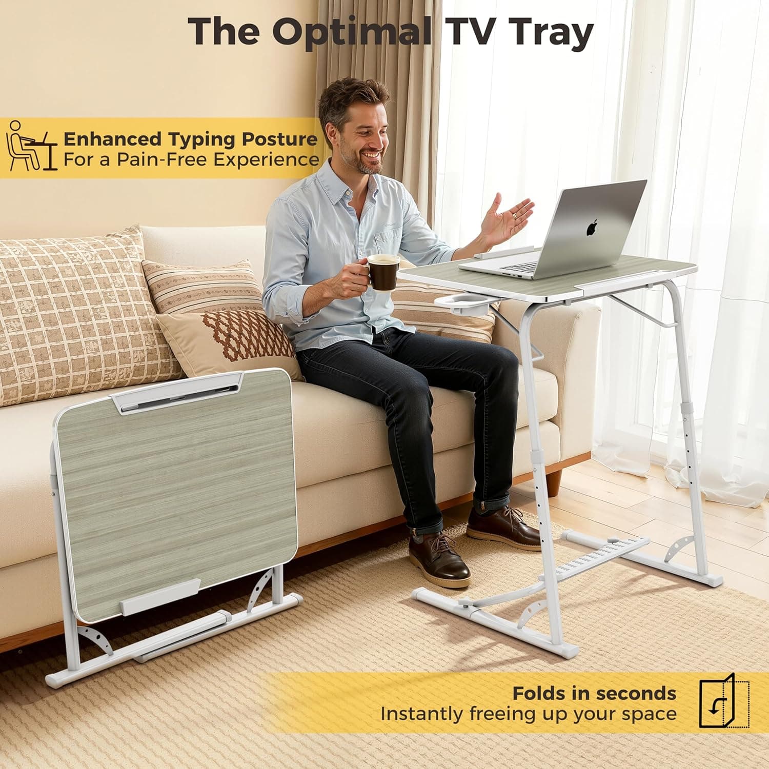 FoldWise Bandeja de TV dobrável atualizada – mesa de laptop extra grande e resistente para sofá, mesa ajustável em altura e ângulo para jantar, trabalho e TV – Inclui apoio para os pés, suporte de - Imagem 4