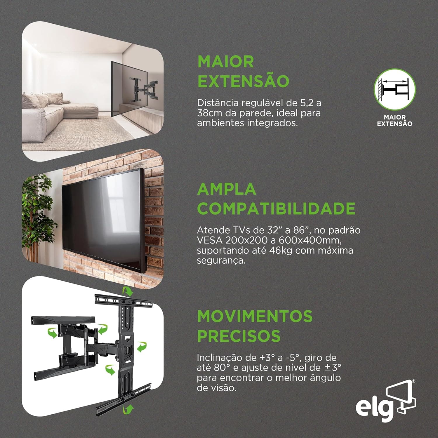ELG, A02V6N, Suporte de TV Articulado de Parede Para TVs Planas e Curvas de 75" a 86", Inclinação Horizontal e Vertical, Peso Máximo de 46 Kg, Preto - Imagem 4